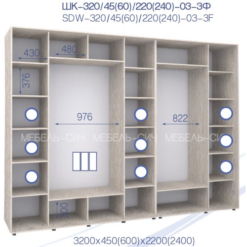 Шкаф купе ШК 320/45/22-03-3Ф с зеркалами