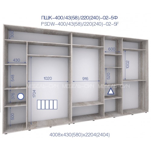 Шкаф купе ПШК 400/43/22-02-5Ф Мебель Сич